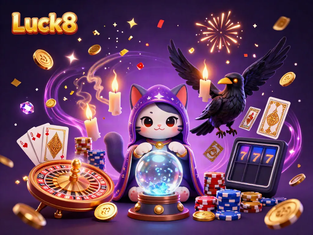 Experience the thrilling world of Luck8 with mystical characters and vibrant gaming elements in this captivating 3D illustration.