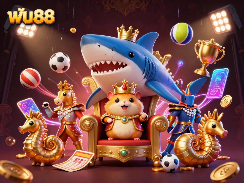 ฟัน88 sports betting adventures with a golden hamster king, seahorse guards, and dynamic sports elements.