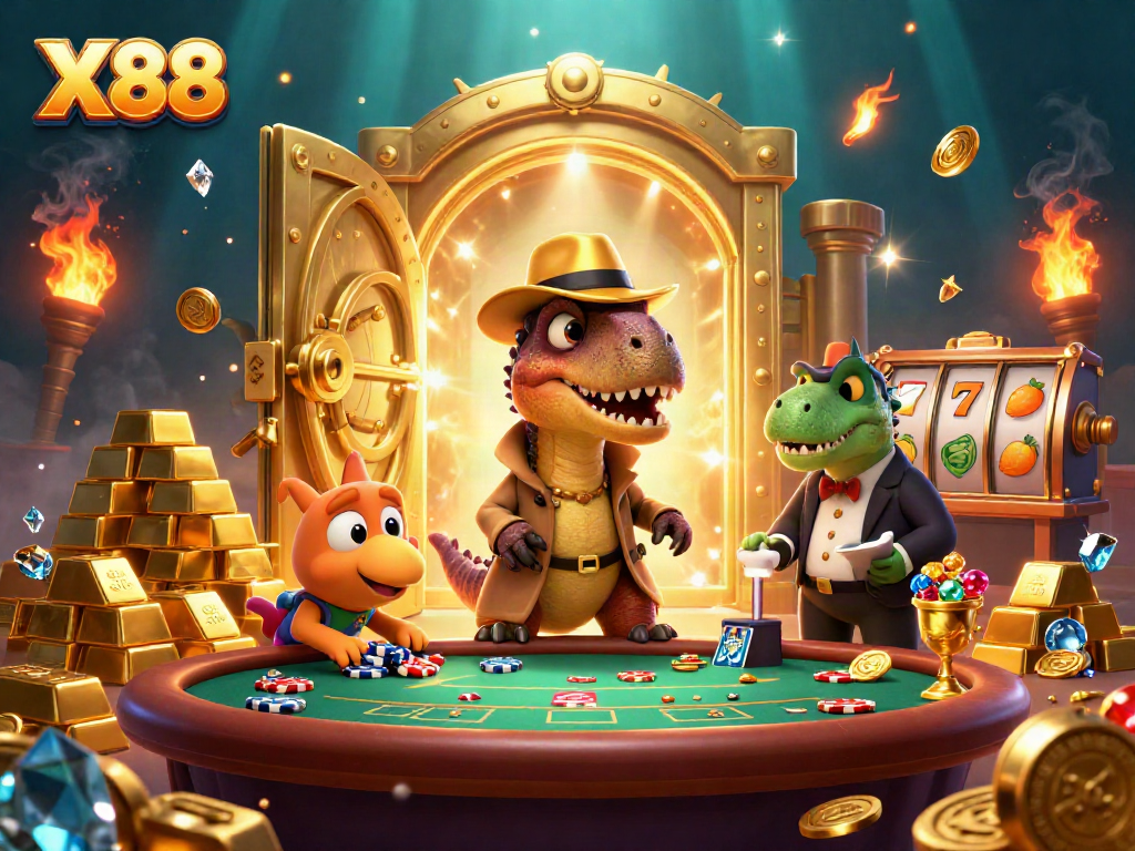 X88 showcases a thrilling blackjack scene with a cartoon velociraptor card counter and stegosaurus pit boss.