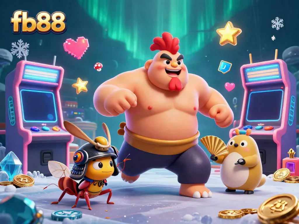 Experience exhilarating action at fb88, where a sumo wrestler rooster and samurai cricket engage amidst a vibrant gaming backdrop.