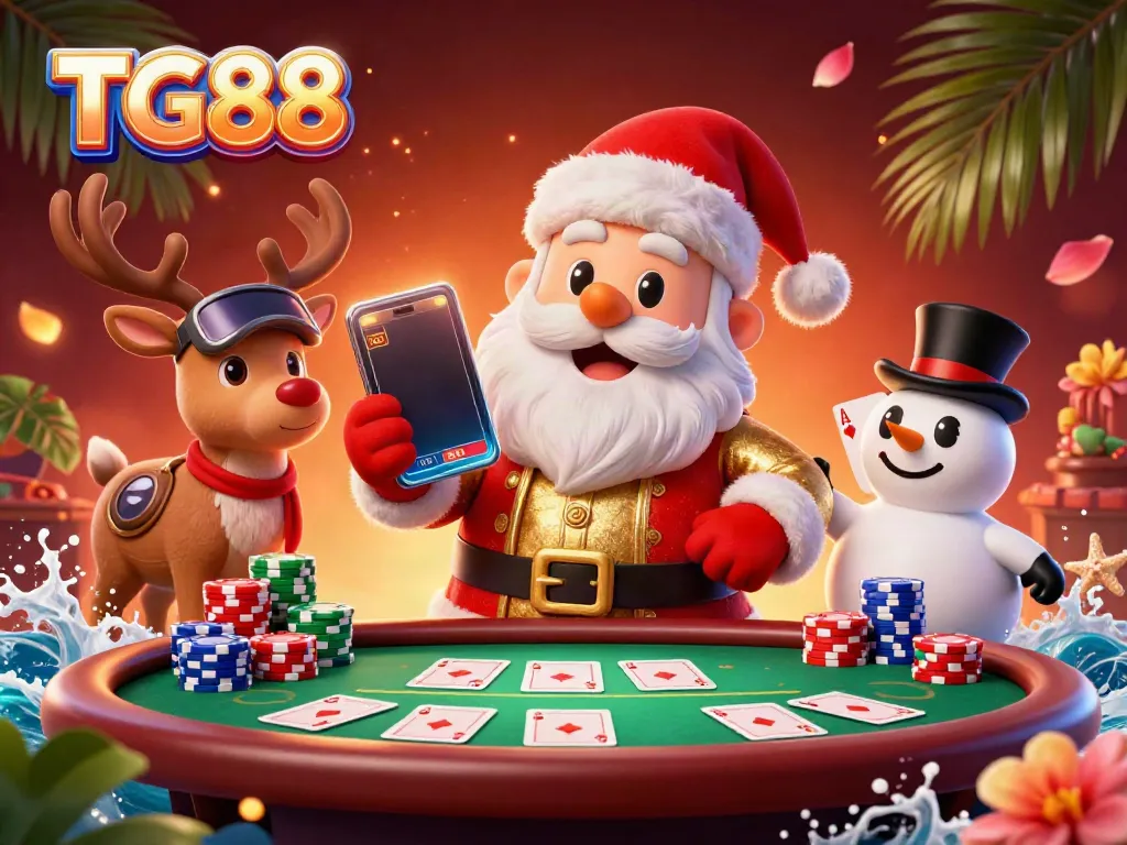 Join TG88 with a festive Santa and friends in a vibrant 3D casino scene showcasing exciting gaming elements.