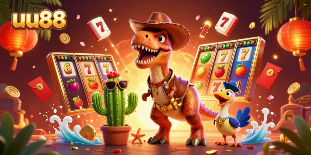 uu88 cowboy dinosaur wins at the casino surrounded by vibrant slot elements and festive decorations