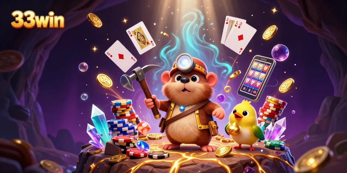 Engage with 33win's vibrant treasure hunt in a dynamic casino scene filled with sparkling gems and thrilling games.