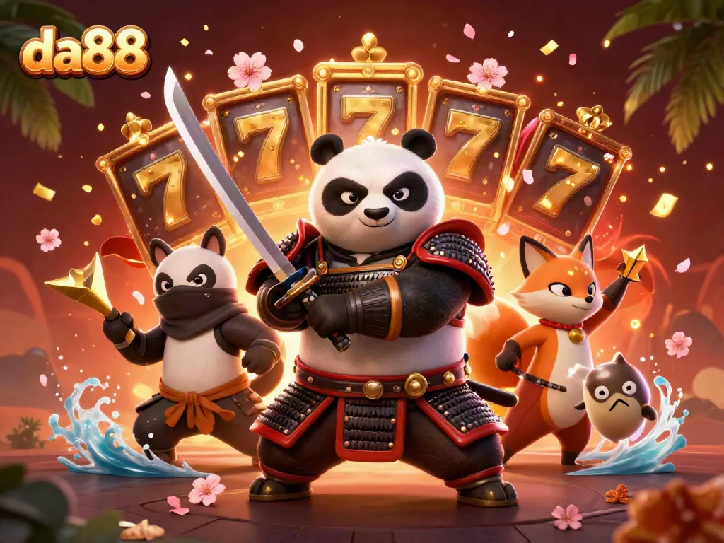 Experience da88 in this exciting 3D scene with samurai panda, ninja fox, and magical tanuki amid jackpot slots.