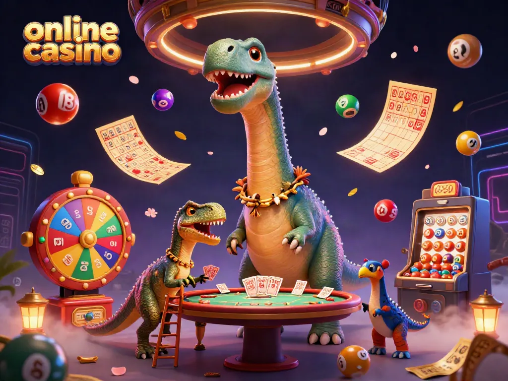 Engaging scene featuring a brontosaurus peering into an online casino, vibrant lottery elements afoot.
