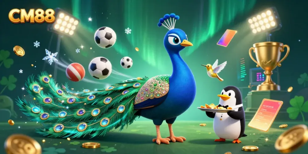Experience the thrill of CM88 with vibrant casino elements featuring a peacock and penguin in a dynamic scene.