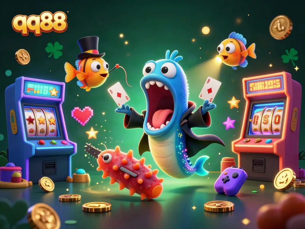 qq88 showcases a vibrant underwater casino scene with animated characters engaged in entertaining gambling activities.