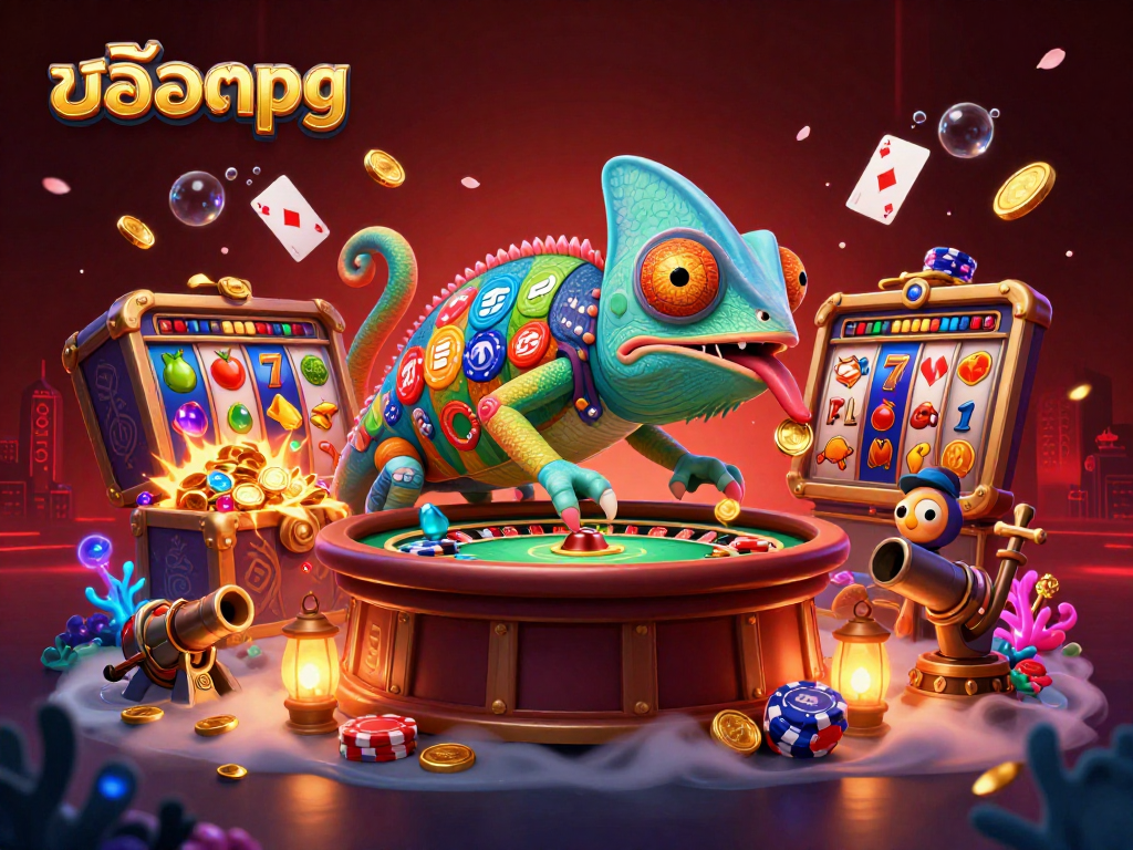 Experience สล็อตpg gaming with a vibrant 3D casino illustration featuring a chameleon owner amid colorful slots.