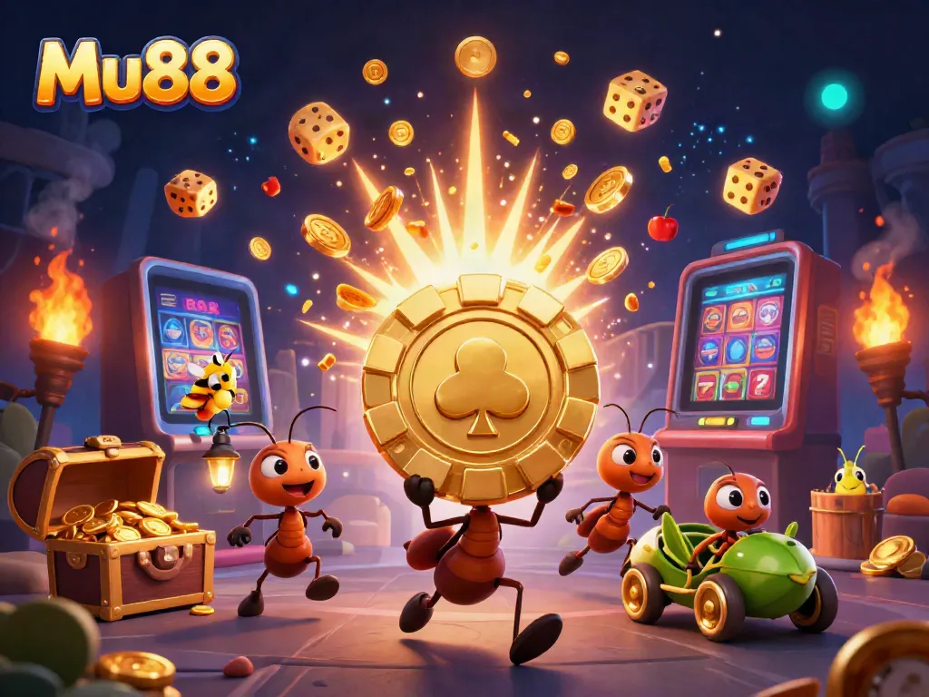 Engage in thrilling gaming action at Mu88 with 3D ants heisting a giant poker chip in a vibrant casino scene.
