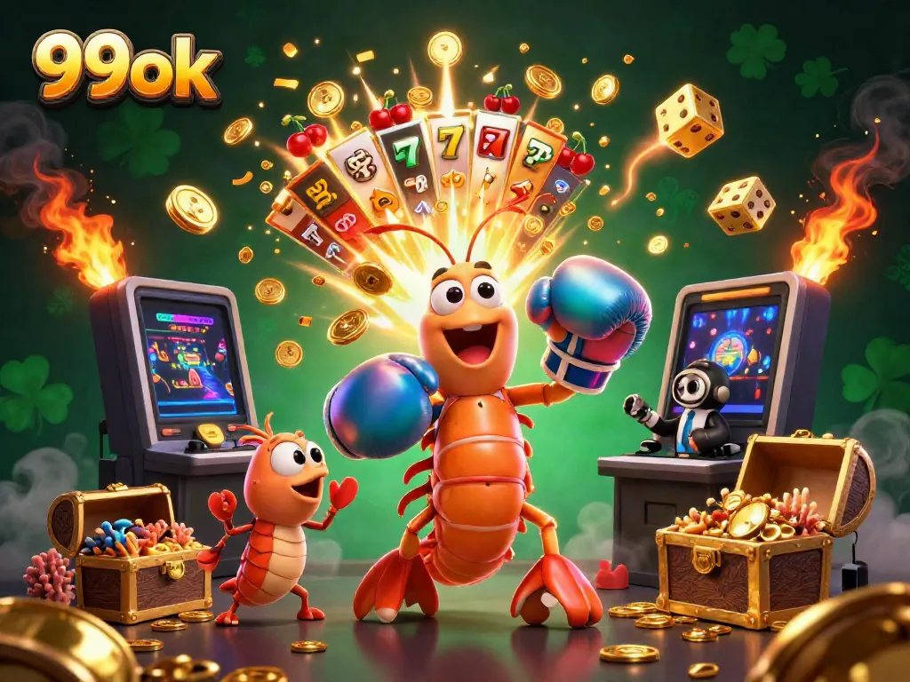 Unleash excitement at 99ok with a vibrant slot machine and dynamic characters celebrating a jackpot win!