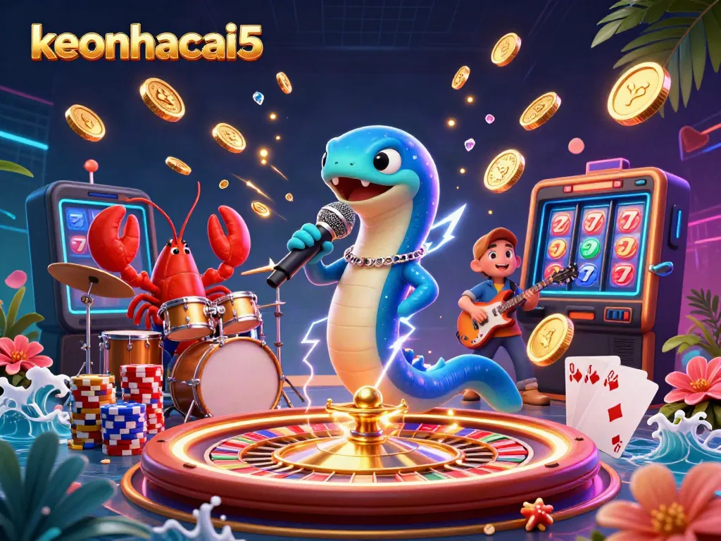Experience the excitement of keonhacai5 with an underwater casino scene featuring a DJ electric eel, lively music, and dynamic game elements.