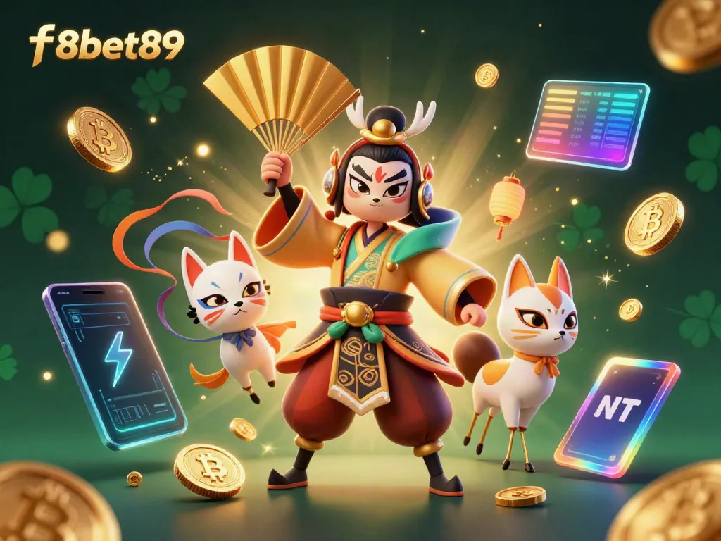 Experience thrills at f8bet89 with a vibrant 3D casino scene showcasing crypto elements and traditional characters.