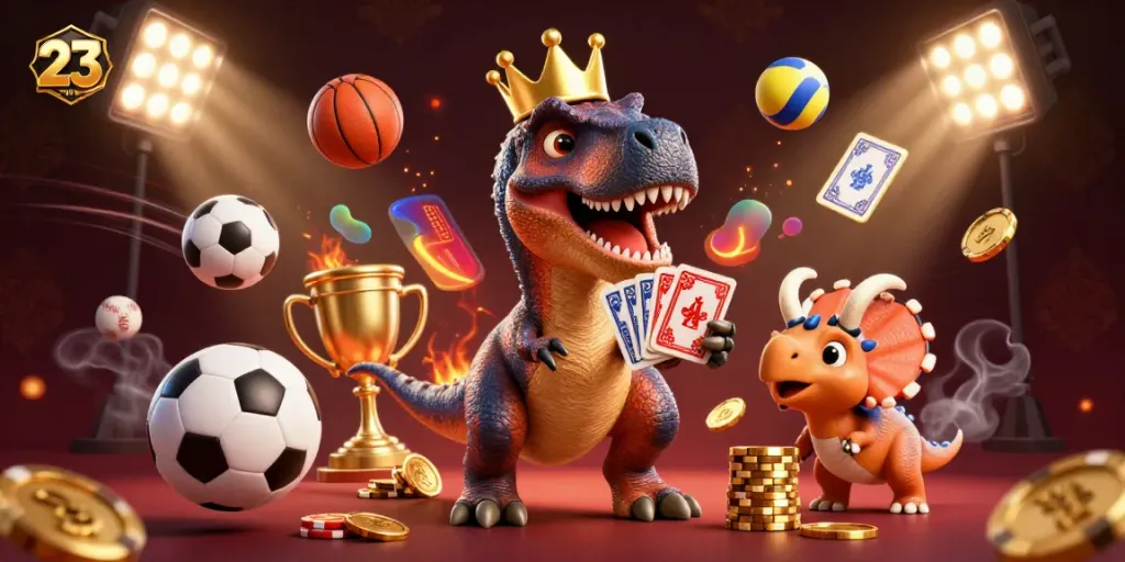 Engage in exciting games at 23WIN with T-Rex shuffling cards and friends stacking golden chips.
