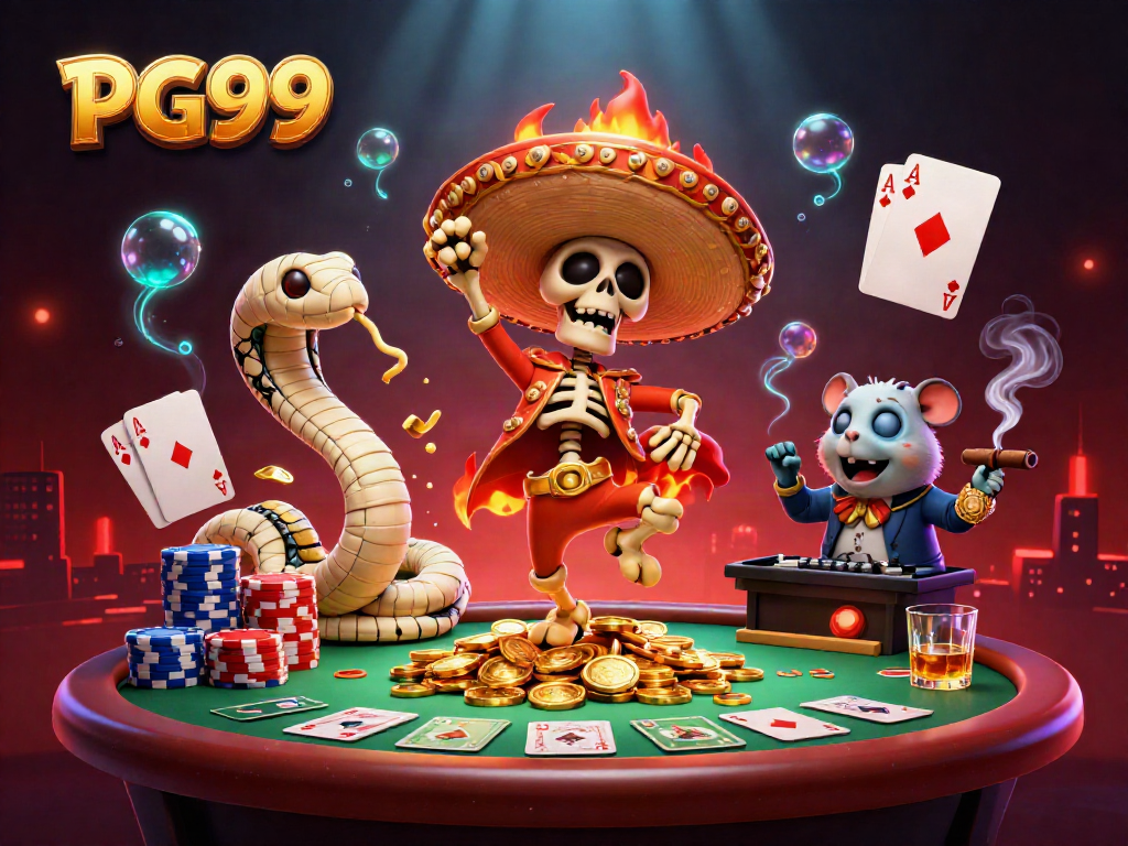 Engage in thrilling PG99 casino fun with vibrant characters dancing amidst poker elements.