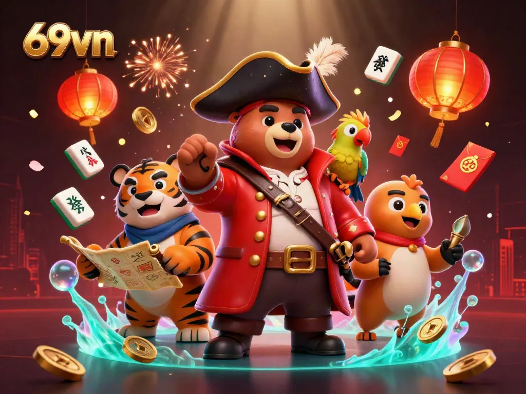 Engage in thrilling gaming at 69vn, illustrated with a pirate captain bear, tiger, and parrot amid vibrant casino elements.