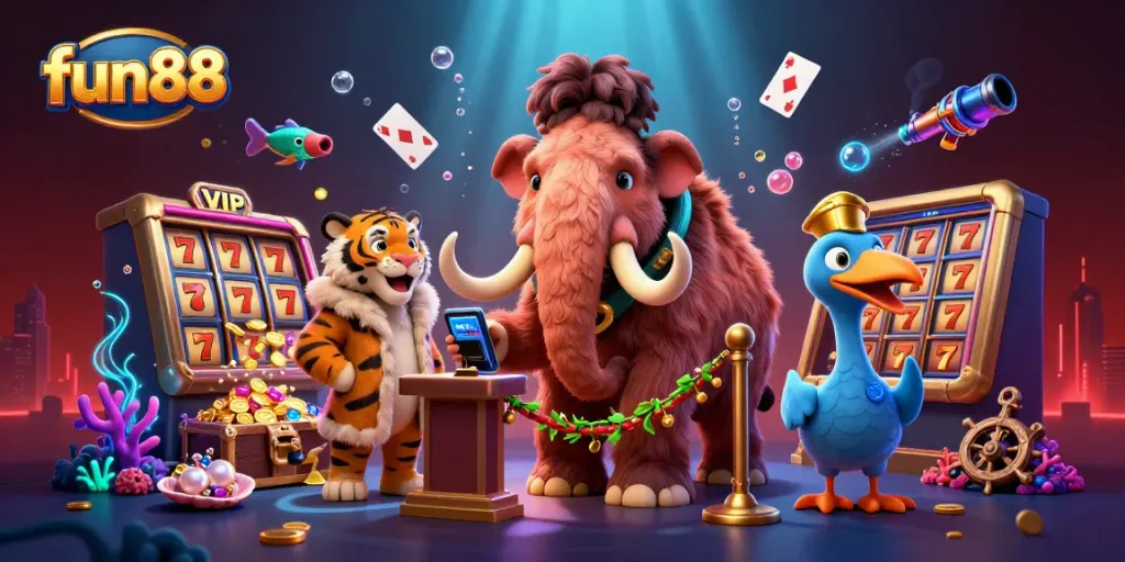 fun88's vibrant casino scene featuring a woolly mammoth bouncer, VIP saber-tooth tiger, and dynamic slot elements.