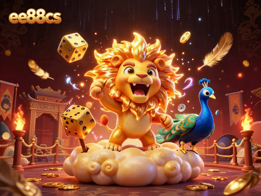 Experience thrilling gaming with ee88cs, featuring a roaring lion, golden dice, and vibrant casino elements.