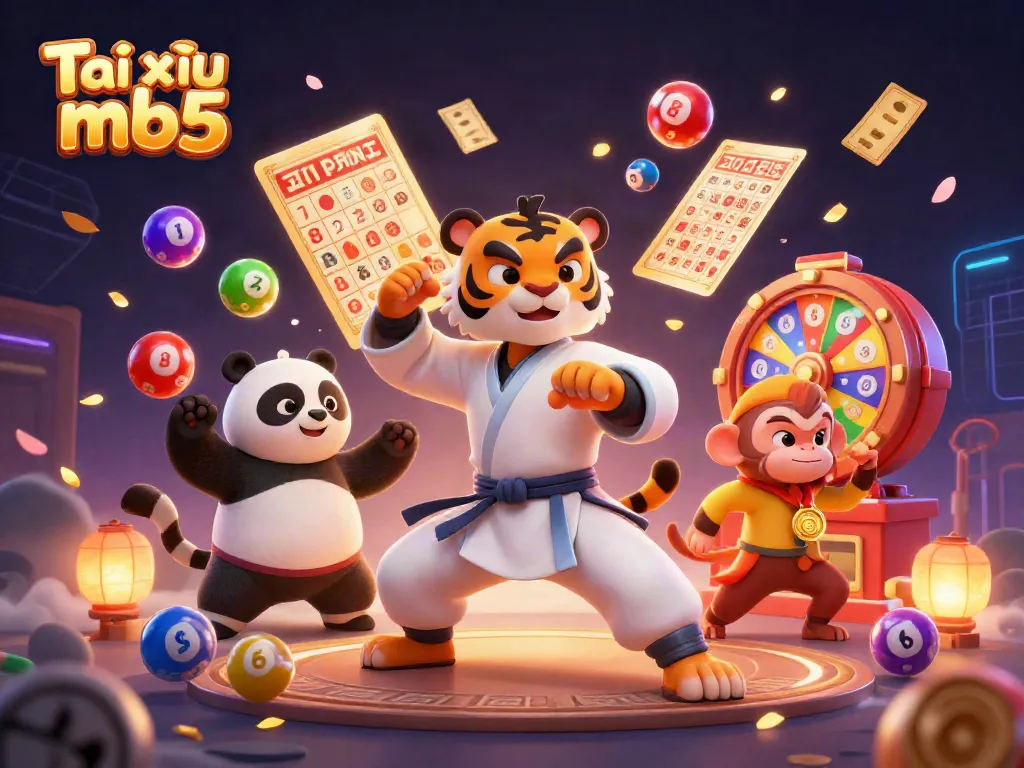 Experience Tài xỉu mb5 with a vibrant 3D scene featuring casino elements like bingo cards and lottery balls.