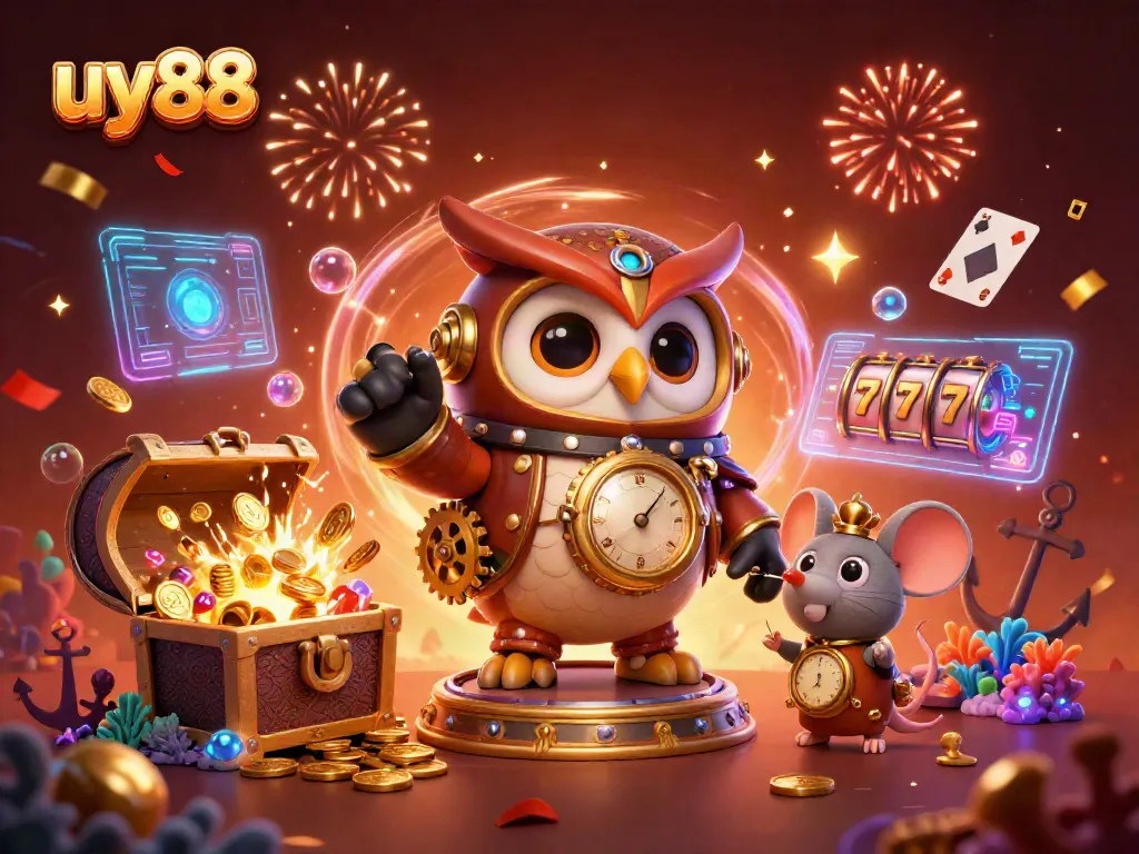 Engage in thrilling slots action with uy88's animated steampunk owl and vibrant casino elements.