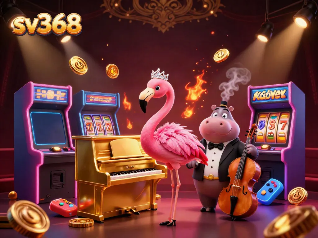Experience the vibrant casino world of sv368 with a flamingo singer and hippo bassist amidst colorful gaming elements.