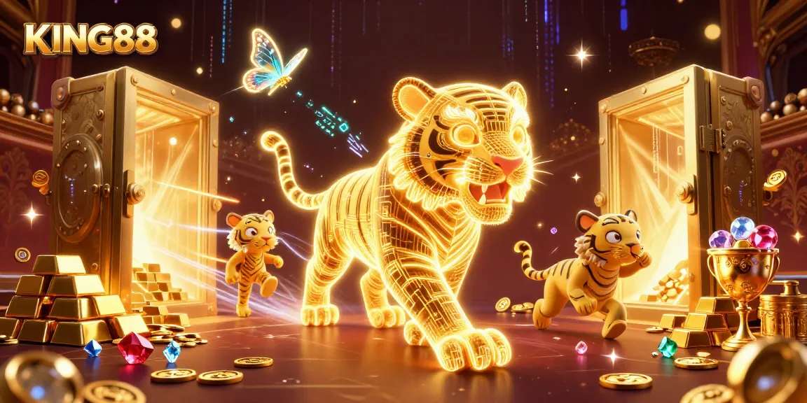 Join the excitement of KING88 in a vibrant digital casino scene with a golden tiger and dazzling gems.