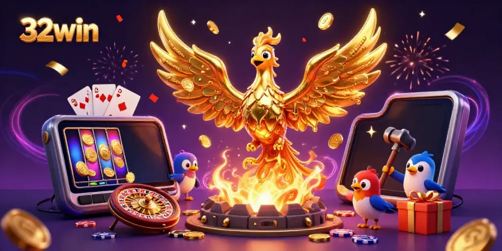Engage with a spectacular scene of molten phoenix and gambling elements at 32win.