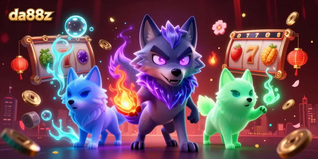 Experience thrilling gameplay with da88z in a vivid 3D scene of slot games featuring glowing characters and vibrant symbols.
