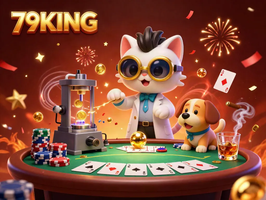 Win big with 79KING in this exciting 3D casino scene with mad scientist cat and dog, poker chips, and golden confetti.