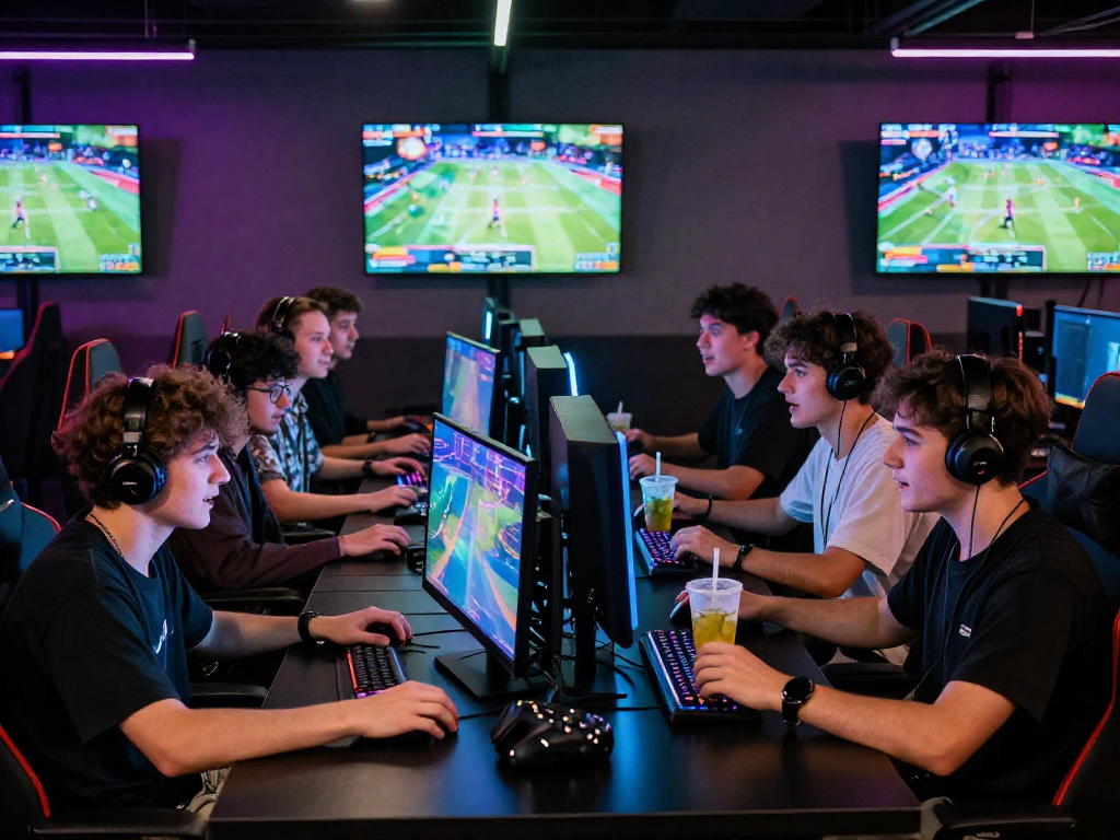 Giovani adulti in un'accogliente sala giochi mentre esplorano siti non AAMS su computer da gioco ad alte prestazioni.
