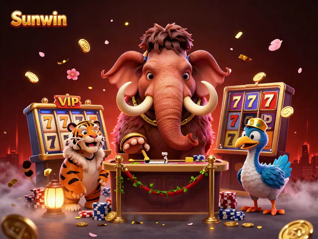 Sunwin serves as the vibrant backdrop for a whimsical casino bouncer scene with energetic characters.