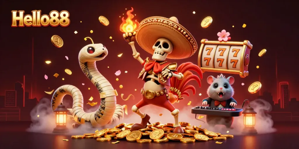Experience the excitement of Hello88 with a lively 3D illustration featuring a vibrant casino atmosphere and dynamic characters.