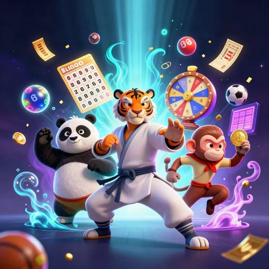 Kung-fu tiger, panda, and monkey amid casino props and neon magic