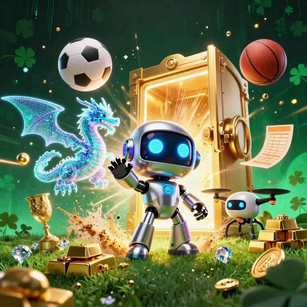 Cyberpunk robot, holographic dragon and drone amid vault burst, gold, balls and neon energy.