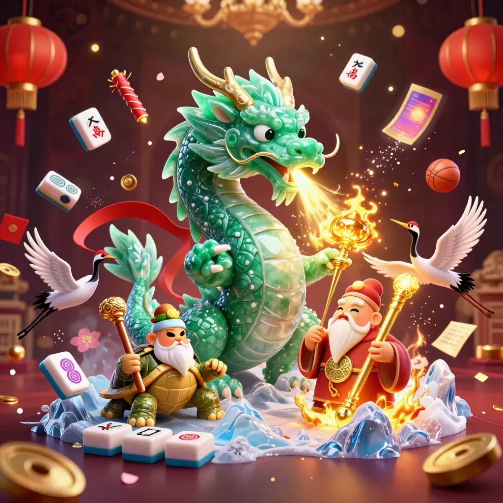 Jade dragon, turtle sage and cranes amid casino-style fire, coins and mahjong tiles.