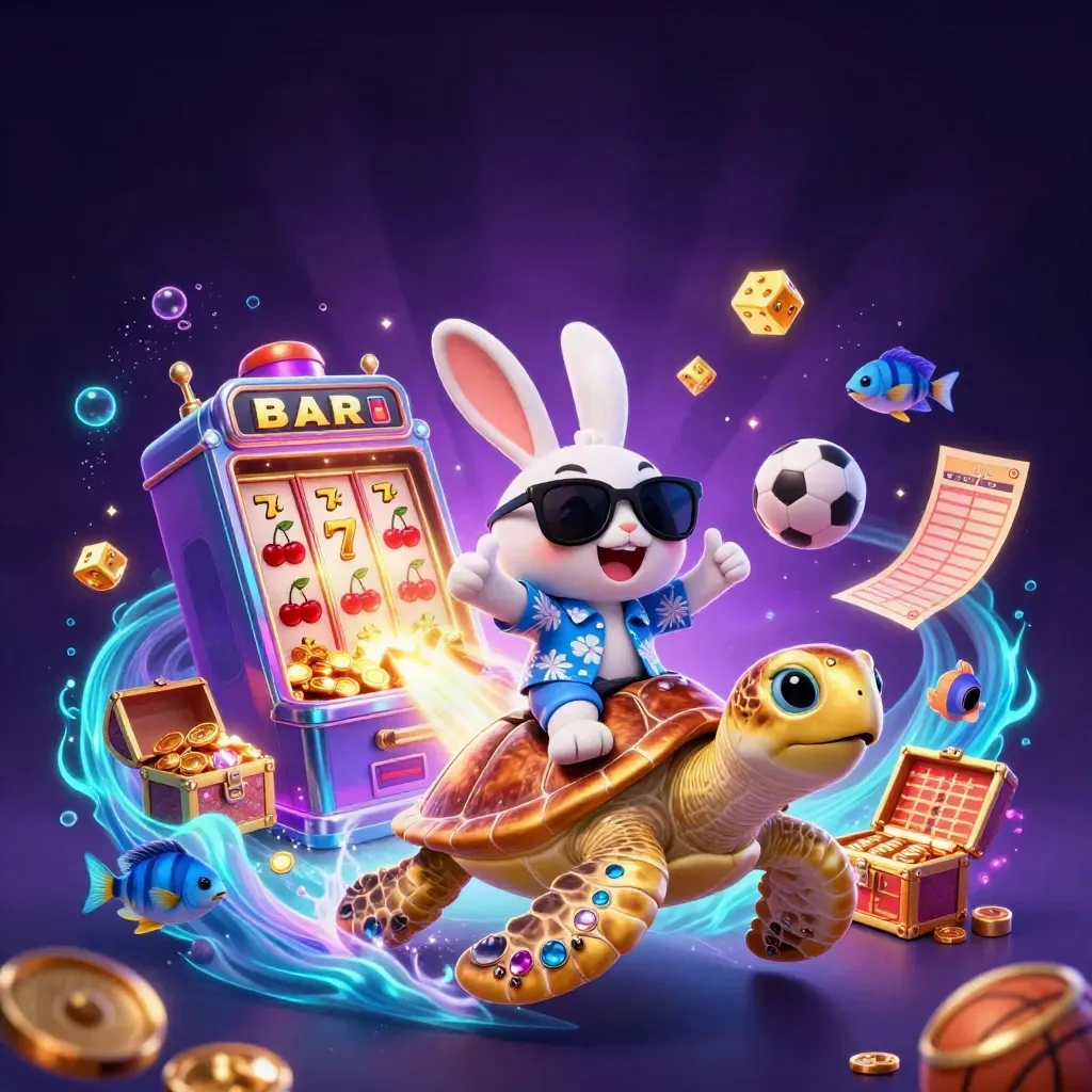 Cartoon rabbit rides a golden sea turtle amid slot icons, dice, treasure, and neon underwater glow.