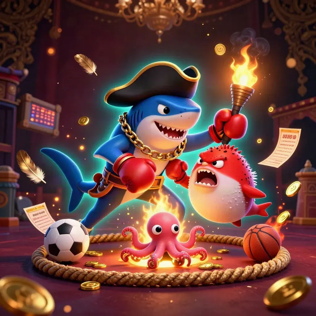Pirate shark, boxing pufferfish and juggling octopus amid treasure, cyan light and temple gate.