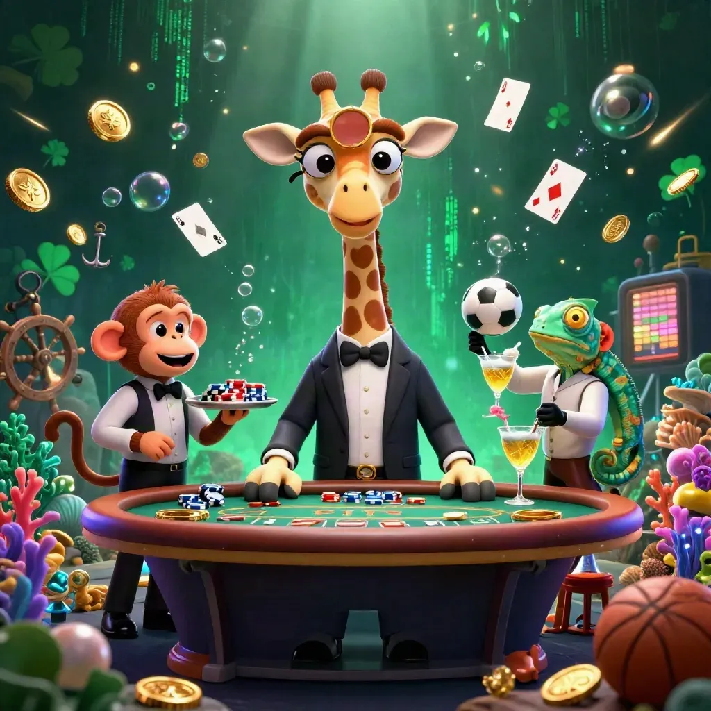 Low-angle casino key art with giraffe, monkey and chameleon amid coins, coral, cards and neon effects