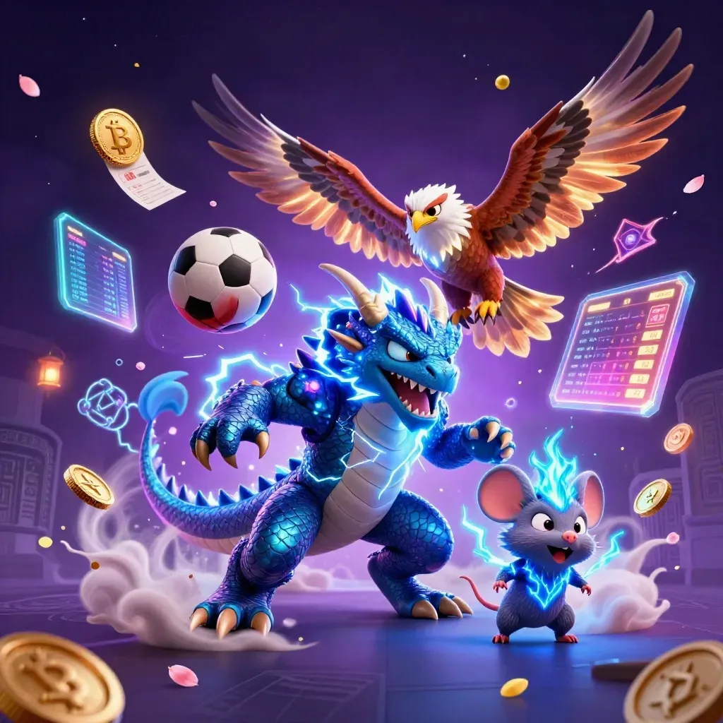 Thunder dragon, wind hawk and crackling mouse amid neon betting coins, balls and lightning.