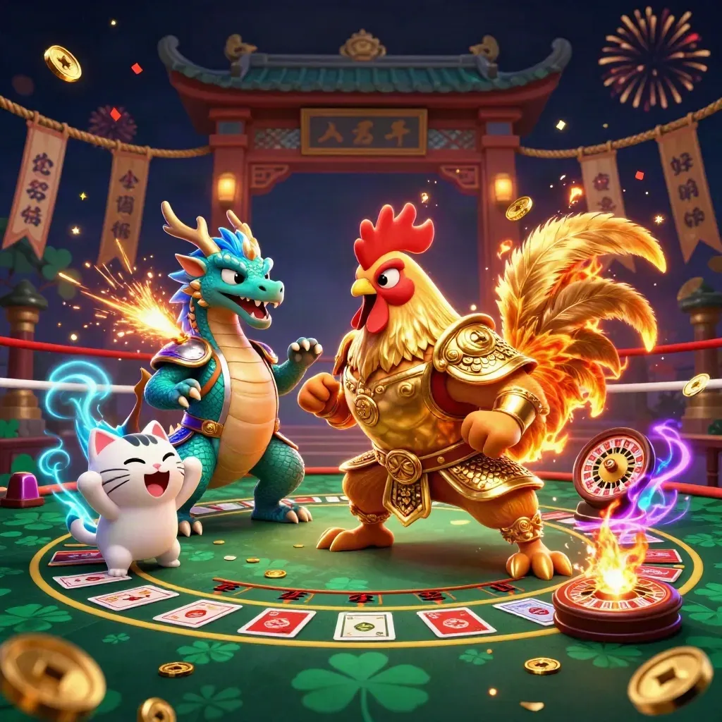 Rooster warrior, spark-breathing hatchling, and cheering fortune-cat in a neon casino temple.