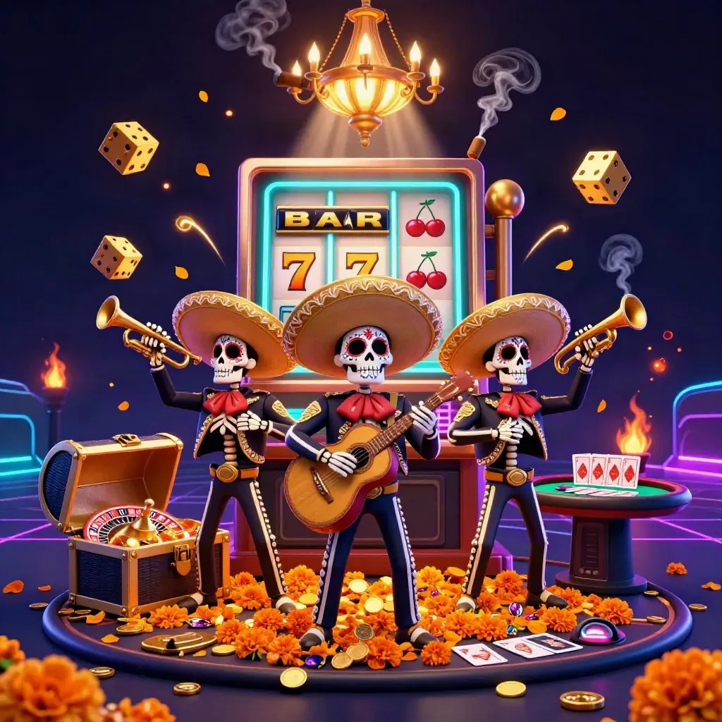 Skeleton mariachi trio amid slot machine, roulette wheel, gold, and neon casino luxury.