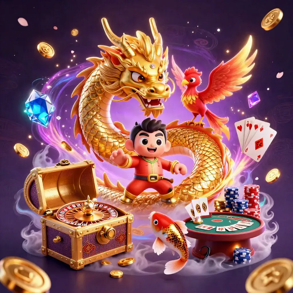 Golden dragon, phoenix and koi amid casino treasures, spinning roulette and glowing chips.