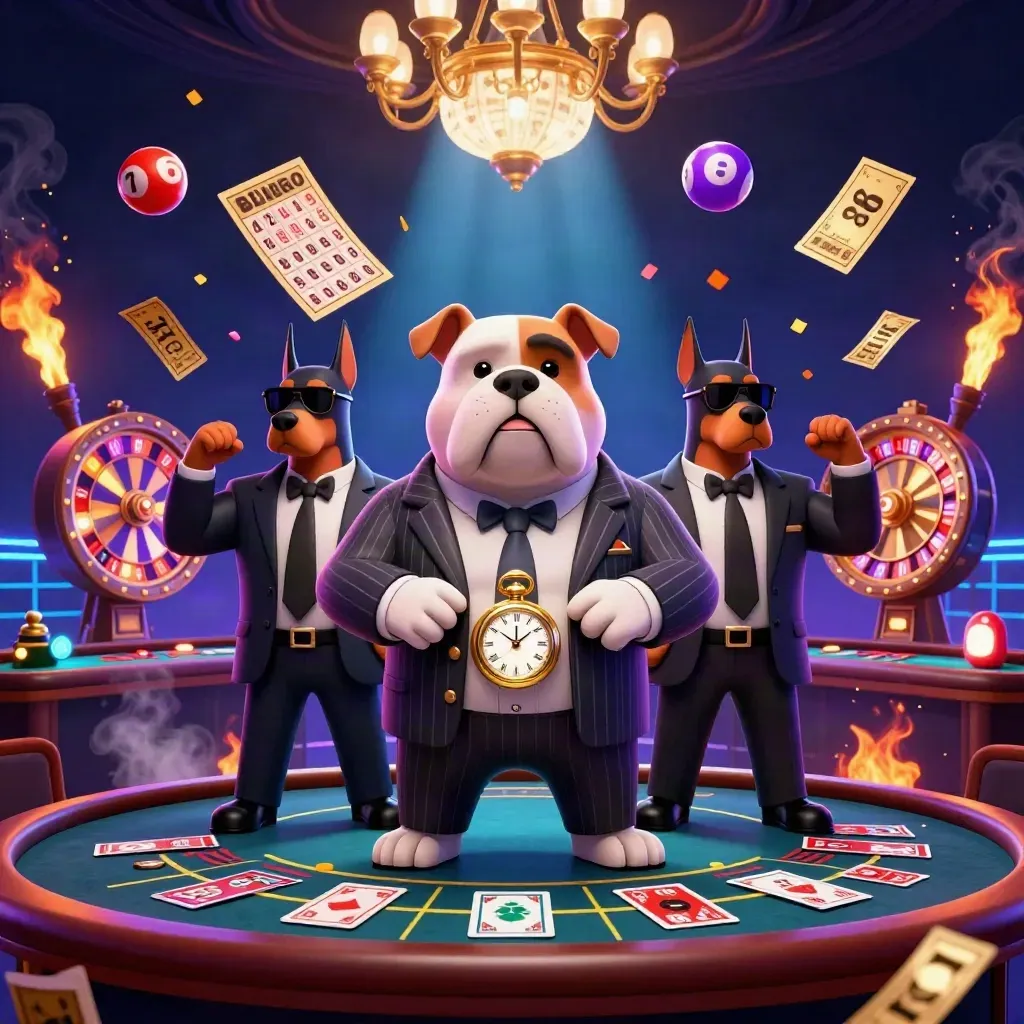 Bulldog boss and Doberman guards amid neon casino loot, smoke, and luxury