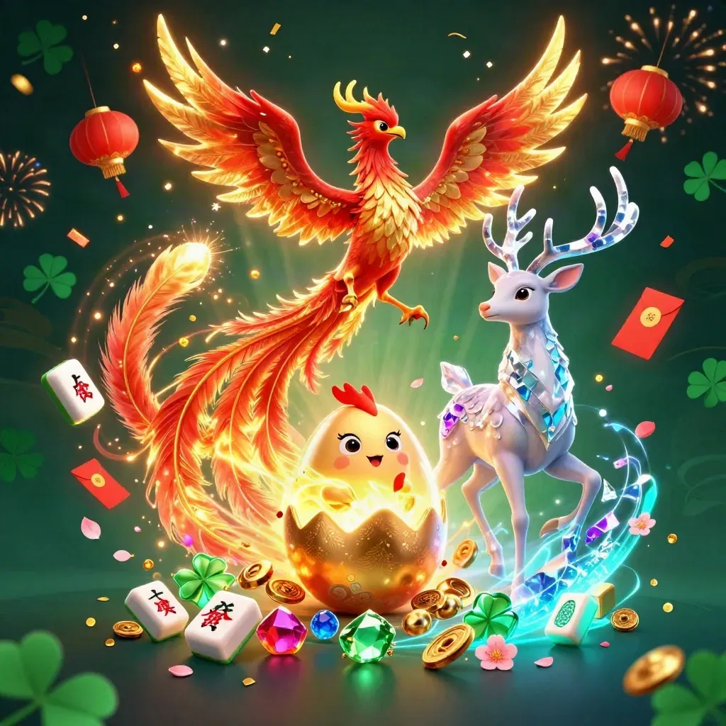 Phoenix, baby phoenix, and crystal stag amid casino treasures, fireworks, and glowing confetti.