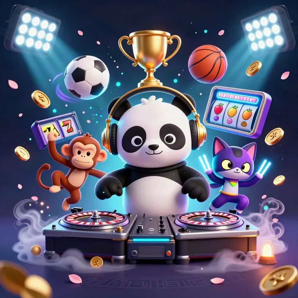 Panda DJ, dancing monkey and glow kitten amid casino-style sports icons and cyan neon energy