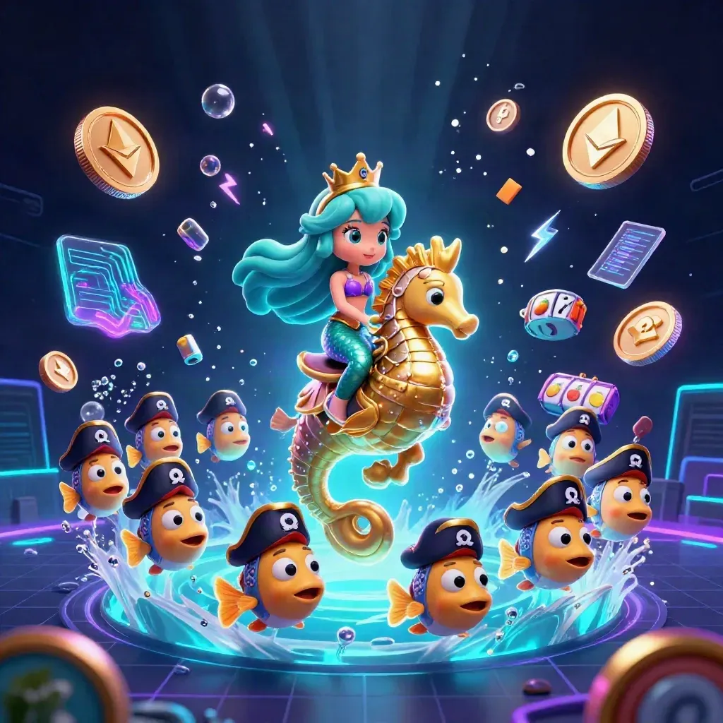 Mermaid princess on armored seahorse with pirate fish, neon coins, reels and casino glow