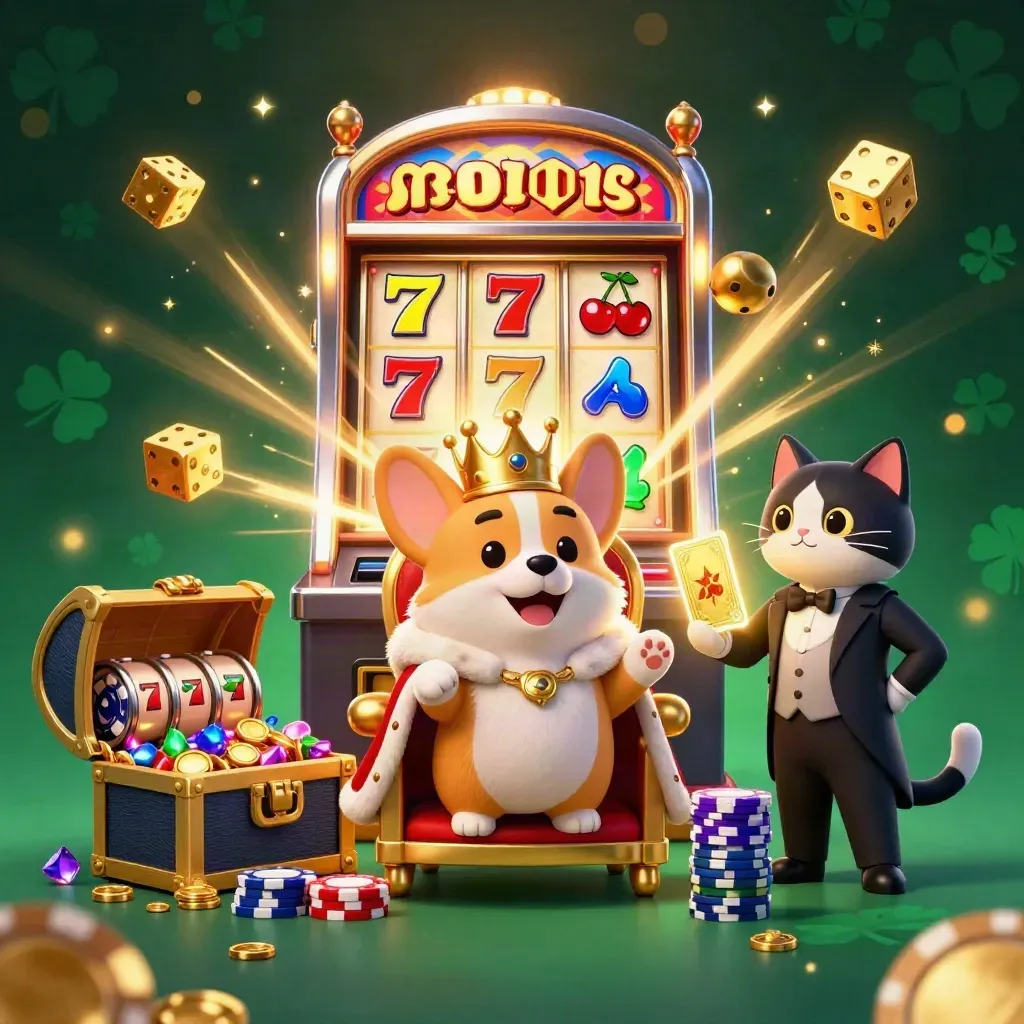 Royal corgi and cat butler amid exploding slot machine, gold and cyan casino fantasy