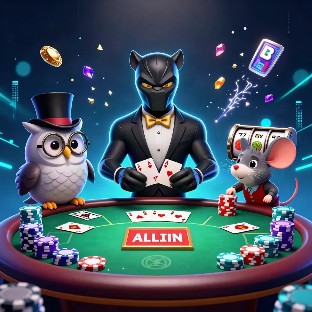 Panther, owl and mouse casino heroes amid cards, chips, cyan energy and neon slot chaos.