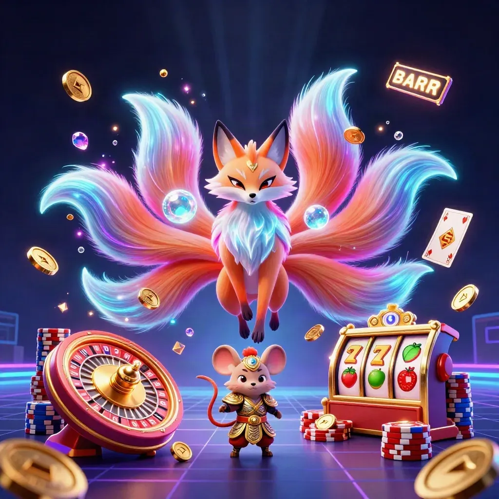 Neon fox spirit and samurai mouse amid coins, gems, chips, cards and spinning casino reels.
