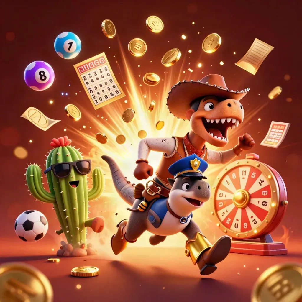 Cartoon T-Rex cowboy, cactus, and roadrunner burst through treasure, coins, balls, and fireworks.