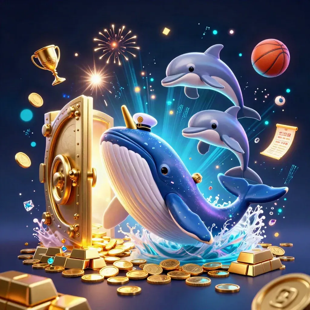 Whale captain, narwhal and dolphins burst through gold coins from a glowing vault in neon casino style